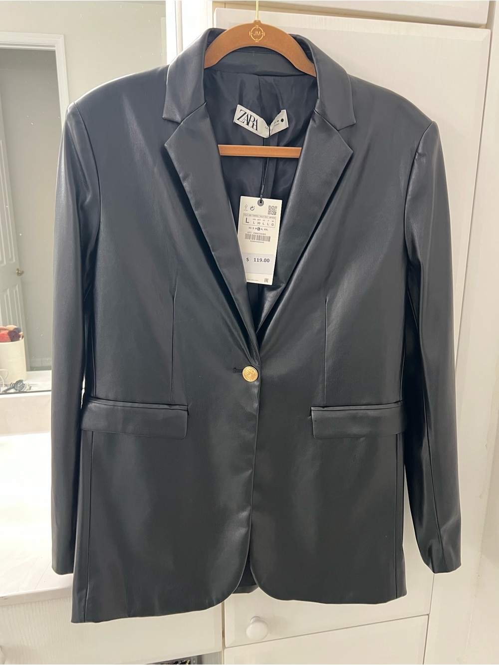 ZARA Black Faux Leather Single-Button Blazer